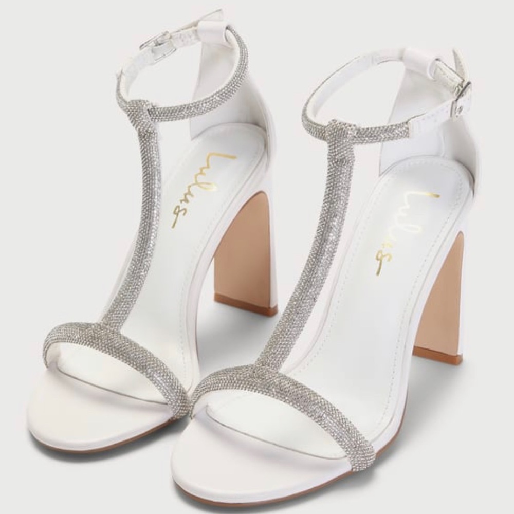NWT The Lulus Addyna White Rhinestone T-Strap High Heels - Picture 2 of 4